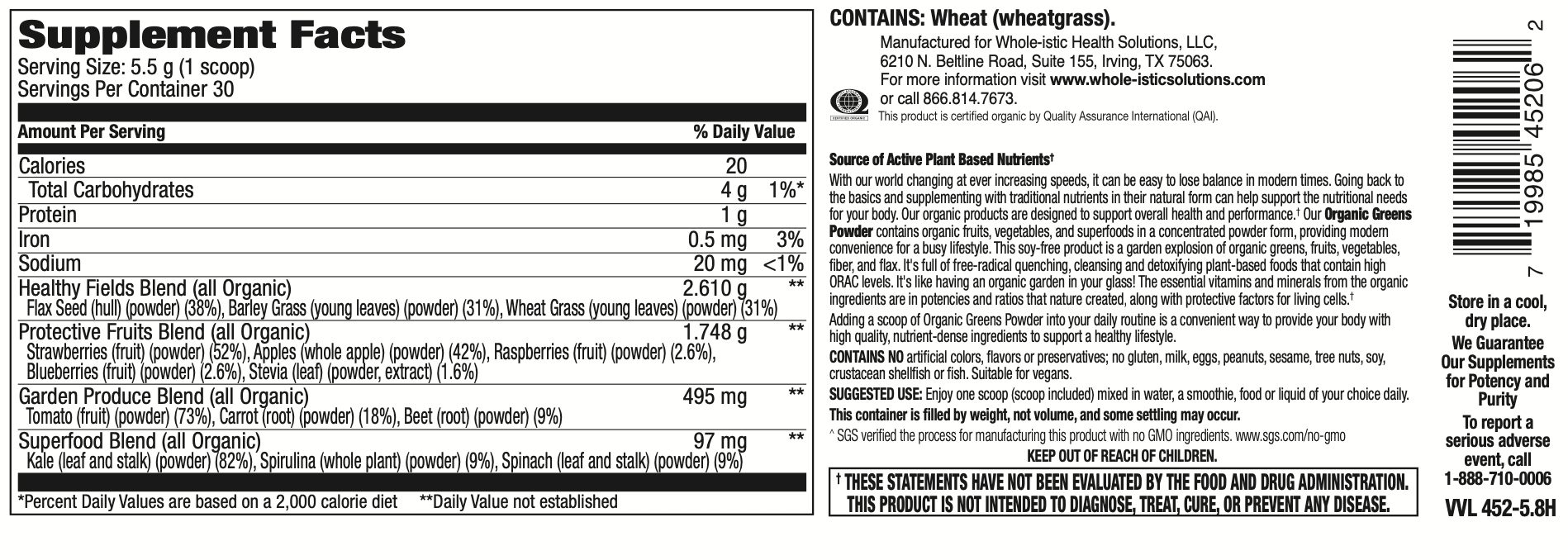Vitamer Organic Greens fact box